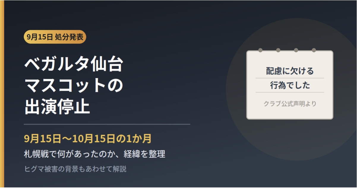 【続報】ベガッ太が1か月の出演停止｜謝罪から処分までの3日間 札幌戦での経緯を整理